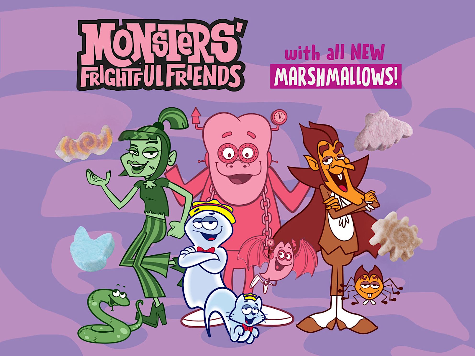 Promotional graphic for new Monsters’ Frightful Friends Cereal featuring illustrations of the iconic Monsters Cereal characters, including Carmella Creeper (a green zombie DJ) with her pet Scratch the Snake, Franken Berry (a pink Frankenstein) with his pet Bennie the Bat, Count Chocula (a brown vampire) with his pet Igor the Spider, and Boo Berry (a blue ghost) with his pet Meow Berry the Cat – alongside images of marshmallows mimicking the pet shapes. The background is purple with thematic decorations.